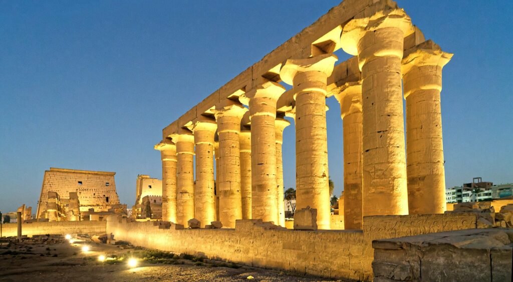 Il colonnato di Amenhotep III nel tempio di Luxor, illuminato di sera