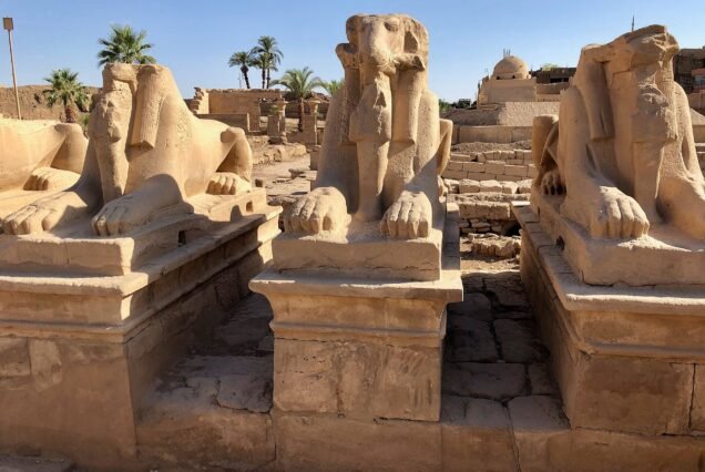 I criosfingi, le sfingi con testa di ariete, allineate lungo il viale di accesso al tempio di Karnak