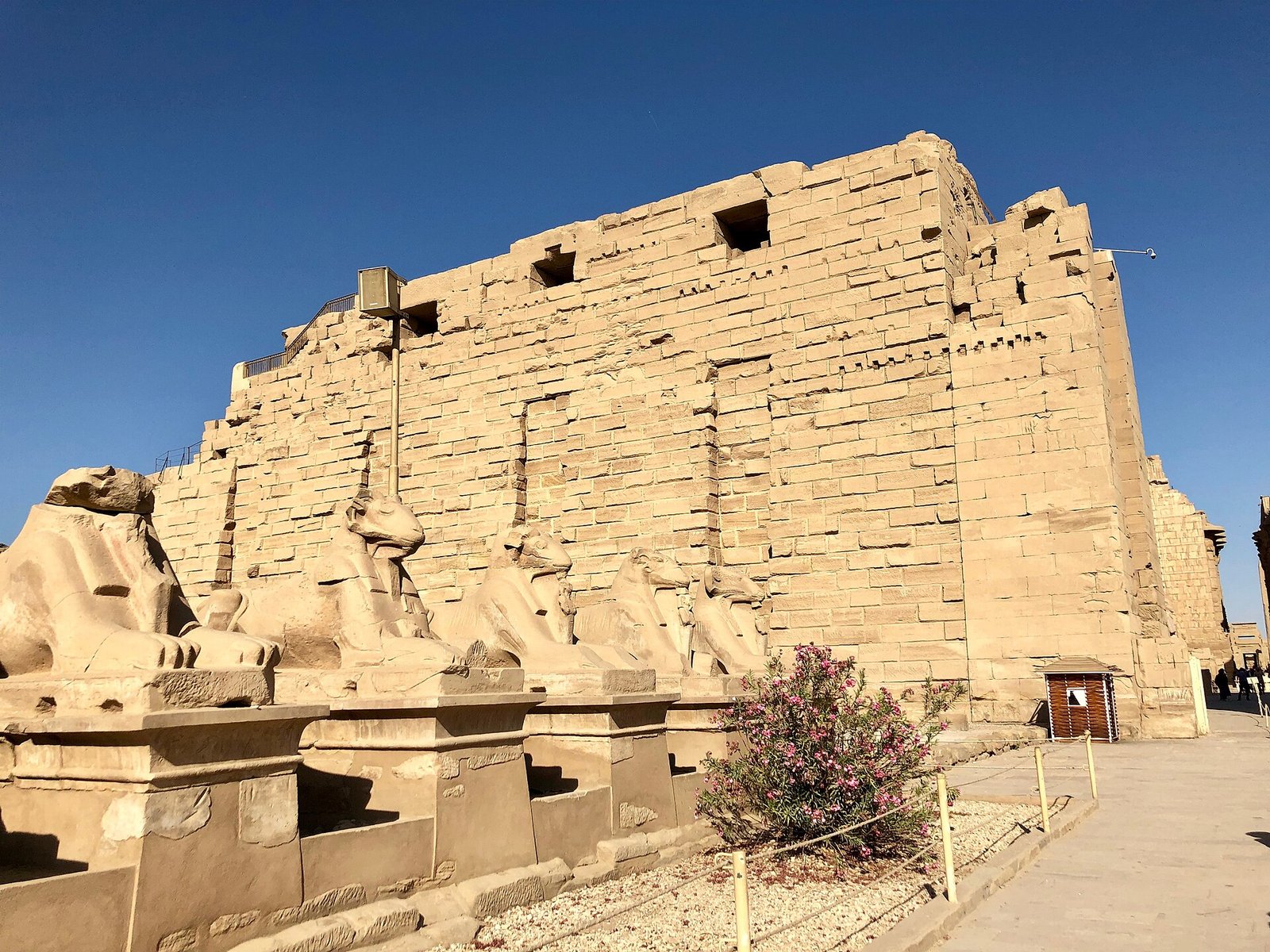 Il viale delle sfingi con testa di ariete e il primo pilone monumentale del tempio di Karnak
