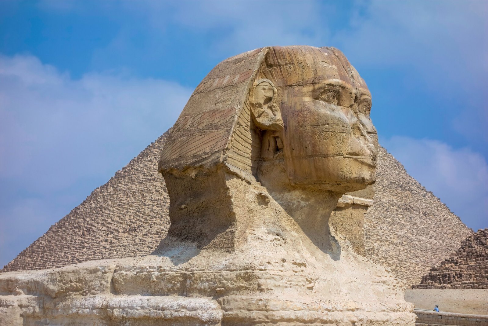 Il volto della Grande Sfinge di Giza in primo piano con la piramide di Chefren alle spalle