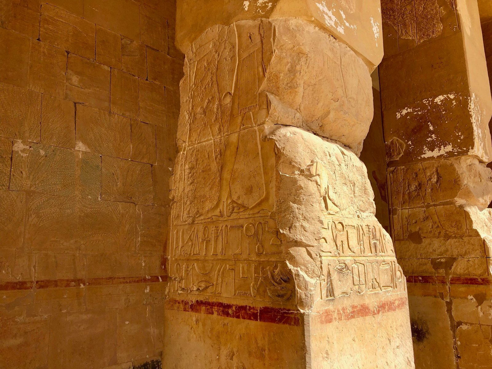 Pilastri scolpiti del colonnato del tempio di Hatshepsut a Deir el Bahari illuminati dal sole