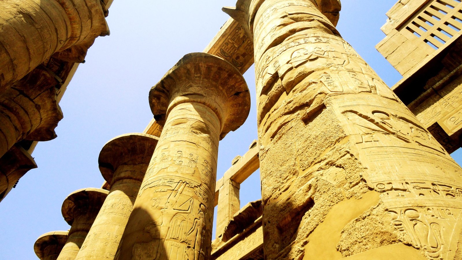Capitelli e fusti scolpiti della sala ipostila di Karnak visti in prospettiva dal basso