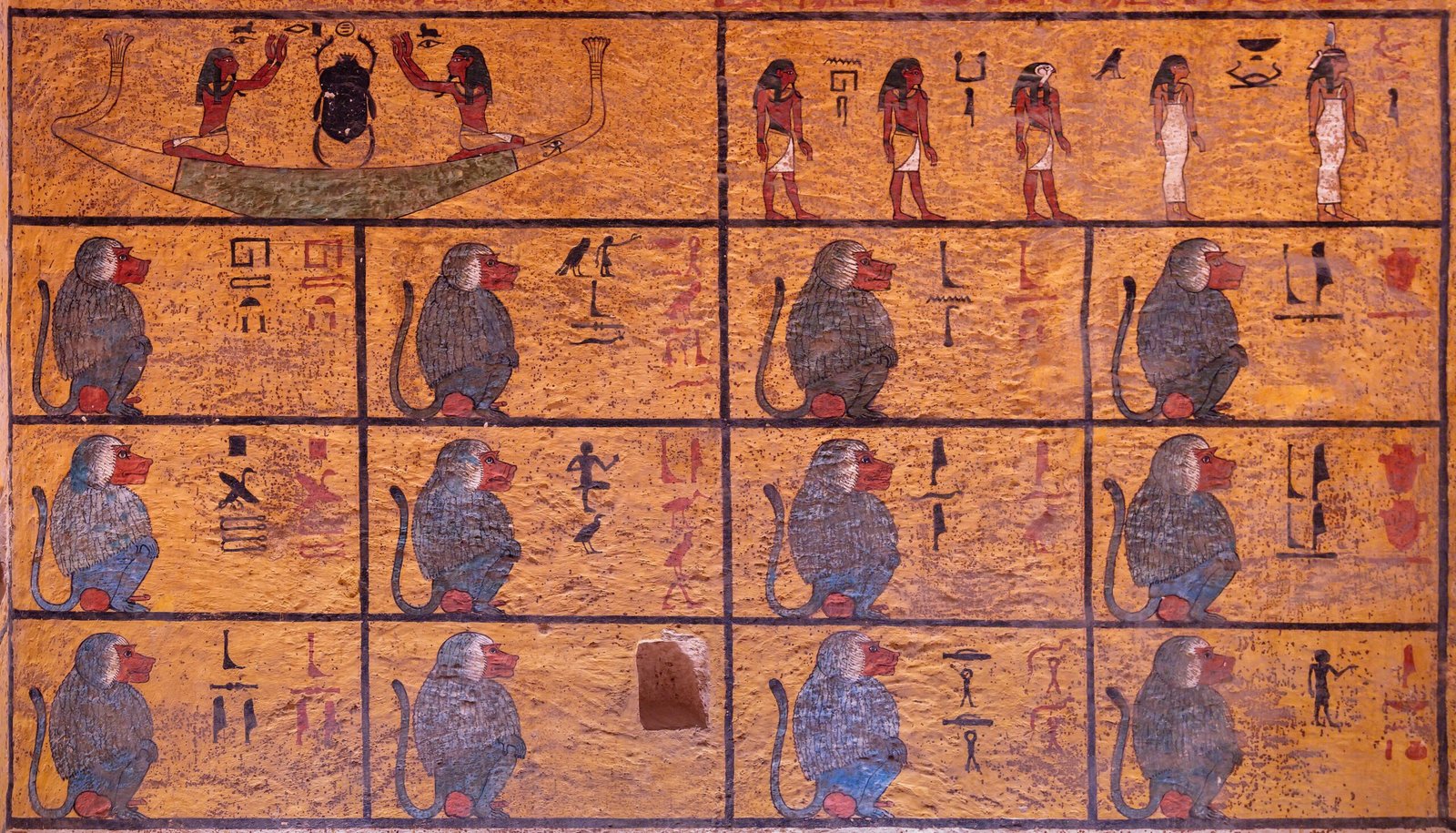 Parete occidentale della tomba di Tutankhamon con dodici babbuini dipinti su fondo dorato