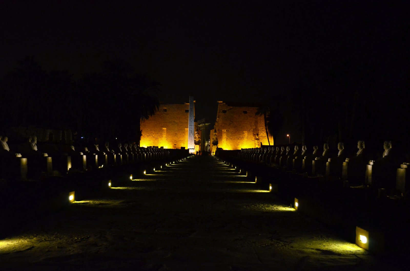 Il viale delle sfingi di Luxor illuminato di notte verso il pilone del tempio