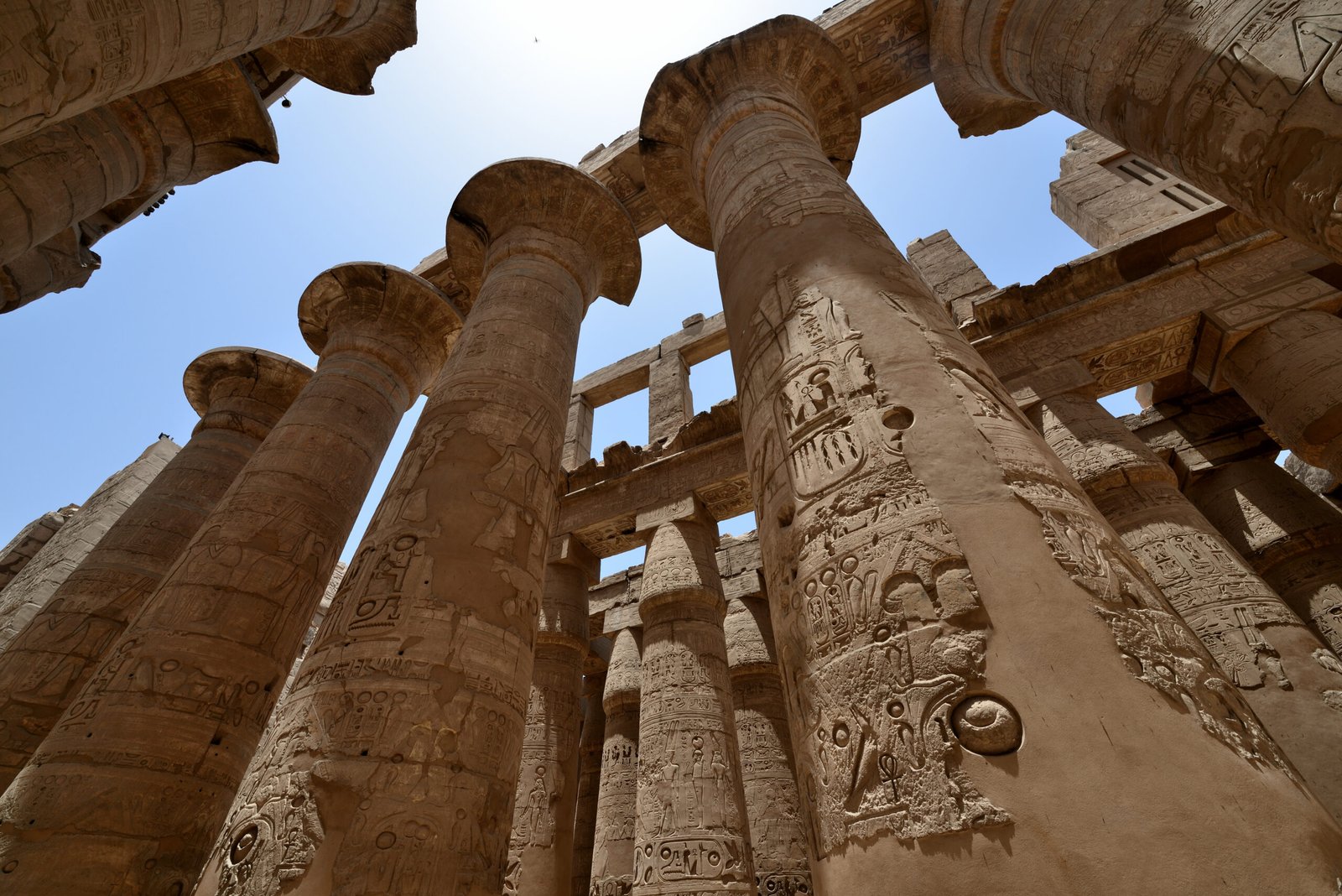 Le colonne papiriformi della sala ipostila di Karnak viste dal basso
