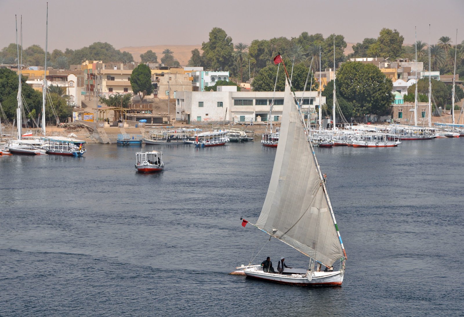Una feluca a vela bianca sul Nilo ad Assuan, con le case sulla riva e altre barche all'ancora