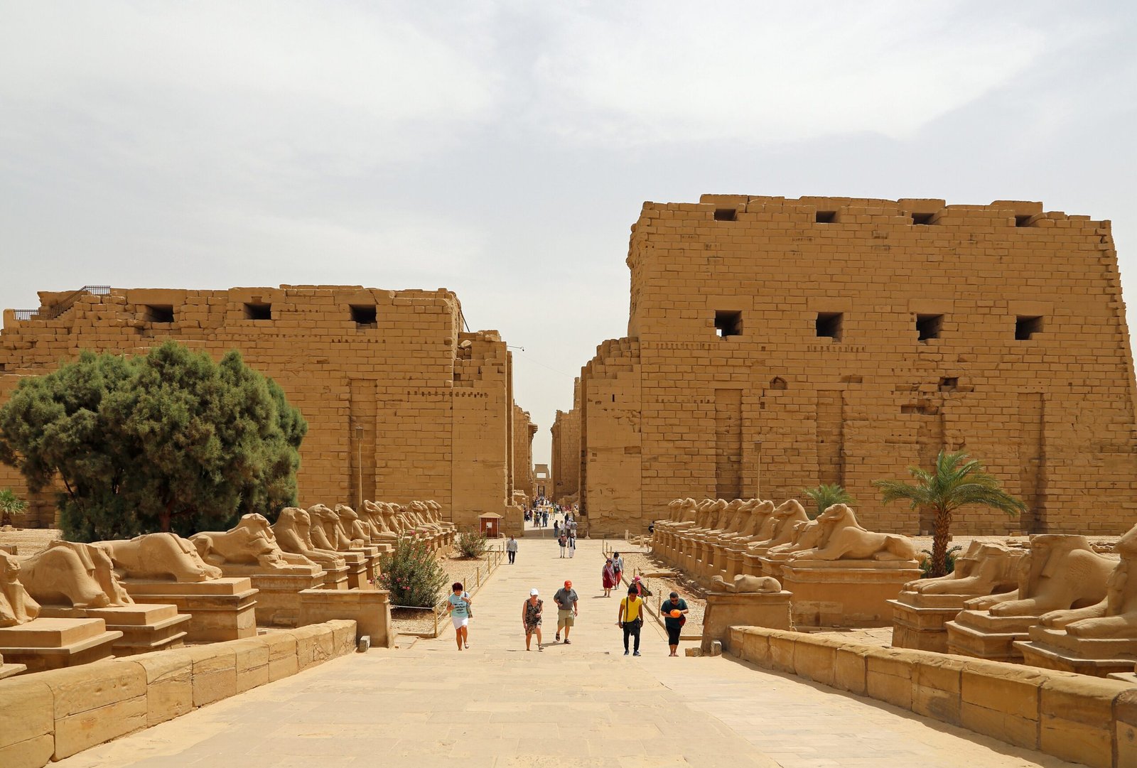 Il viale delle sfingi con testa d'ariete che porta al primo pilone di Karnak, con pochi visitatori in lontananza
