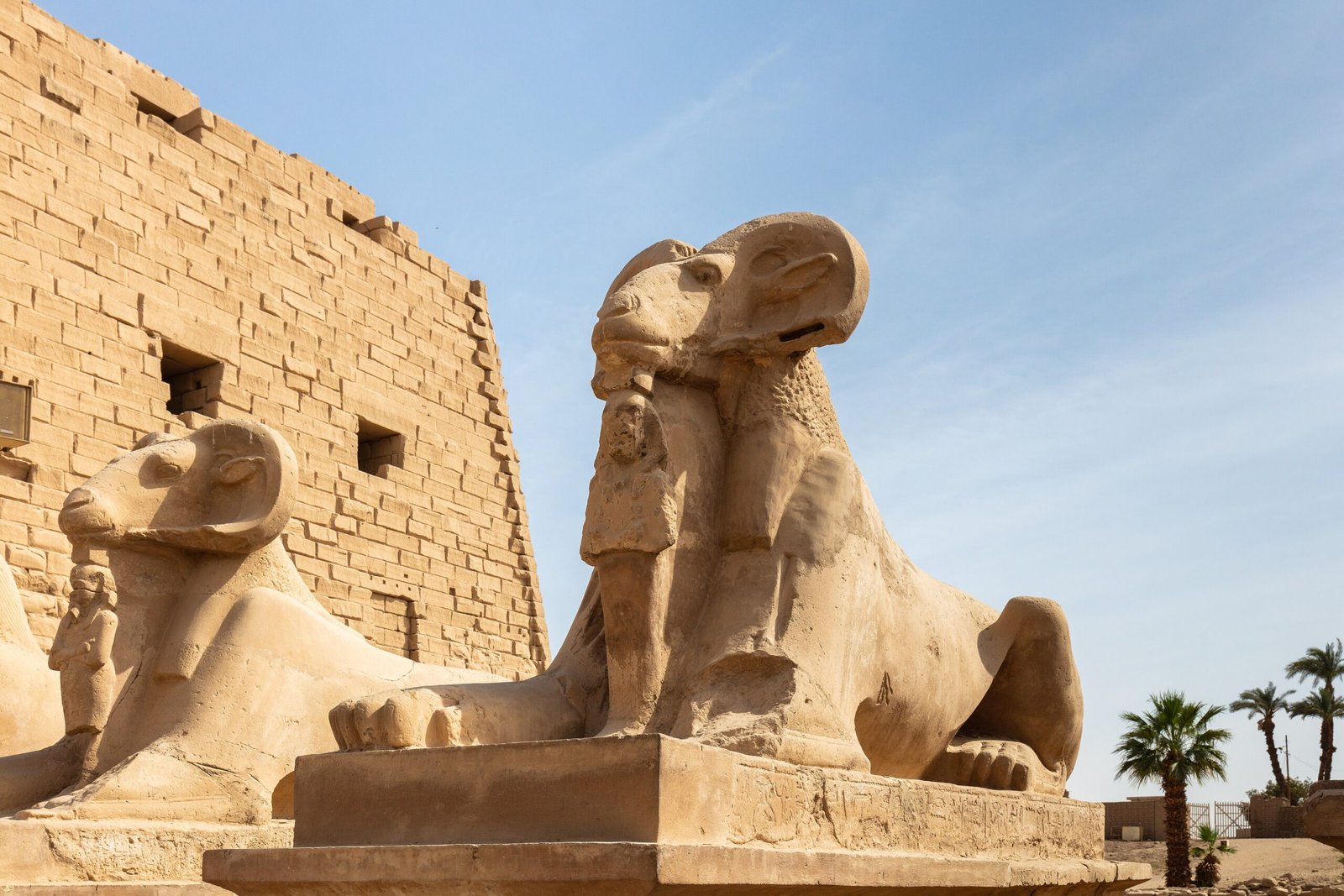 Due sfingi dalla testa d'ariete a guardia di un pilone del tempio di Karnak, con una statua tra le zampe