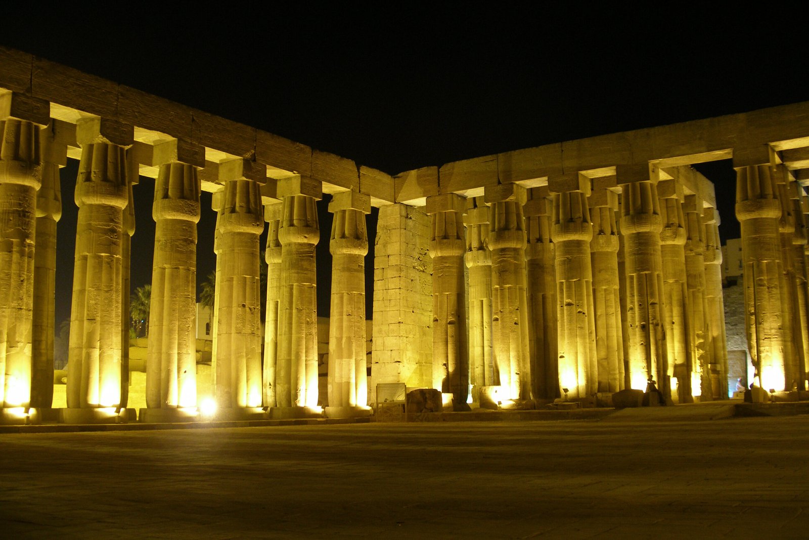 Il cortile a colonne del tempio di Luxor illuminato di sera, con i capitelli accesi dai fari