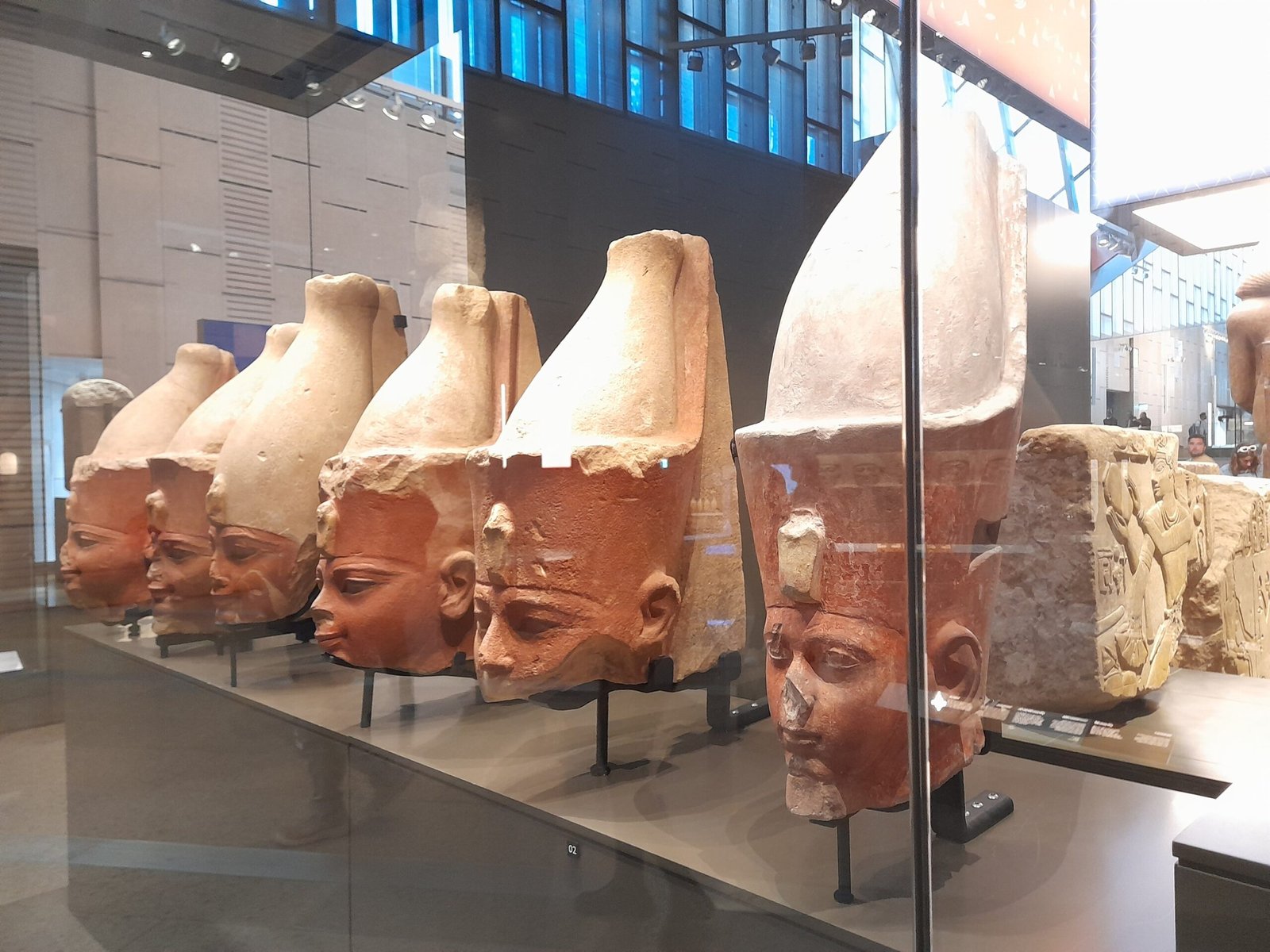 Teste di statue di re con la corona bianca, esposte in vetrina nel Grand Egyptian Museum