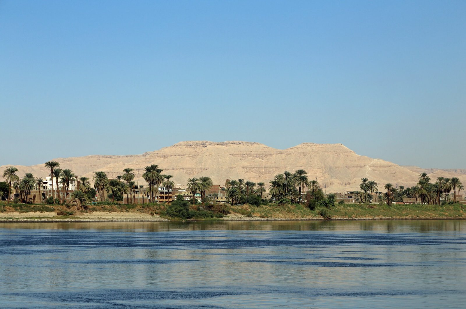 La riva ovest del Nilo a Luxor con le palme e le dune dorate, vista dall'acqua