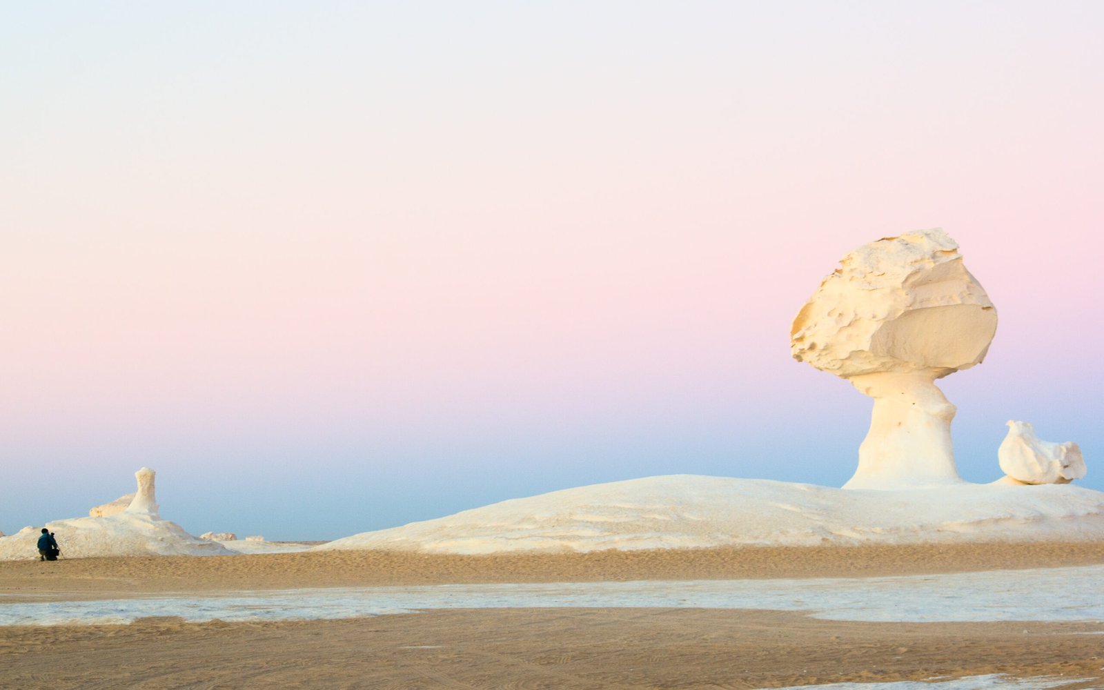 Una roccia a fungo bianca nel Deserto Bianco all'alba, con il cielo rosa e azzurro