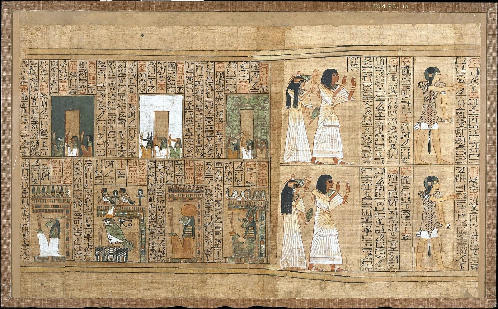 Una sezione del Papiro di Ani, con le vignette colorate e le colonne di geroglifici del Libro dei Morti