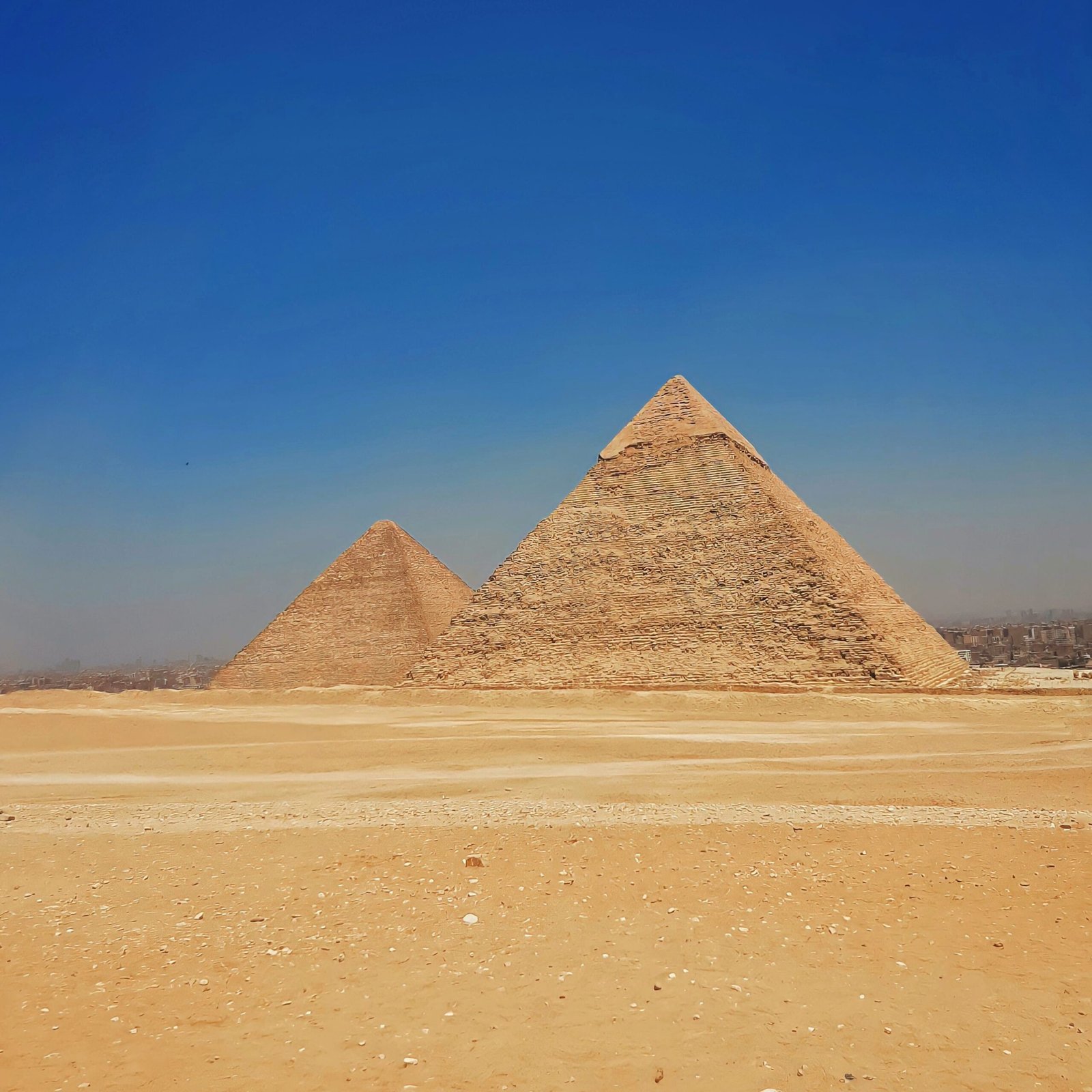 Due piramidi di Giza sul deserto dorato, sotto un cielo di un blu intenso