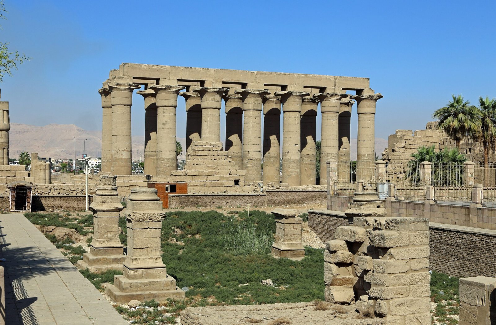 Il colonnato del tempio di Luxor visto dal lato del prato, con le palme e le colline tebane sullo sfondo