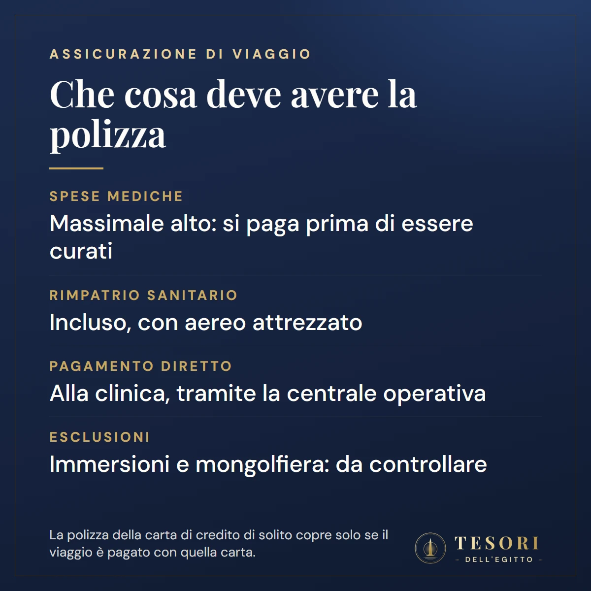 Scheda sull'assicurazione di viaggio per l'Egitto: spese mediche con massimale alto, rimpatrio sanitario con aereo attrezzato, pagamento diretto alla clinica, esclusioni da controllare per immersioni e mongolfiera, tessera sanitaria non valida