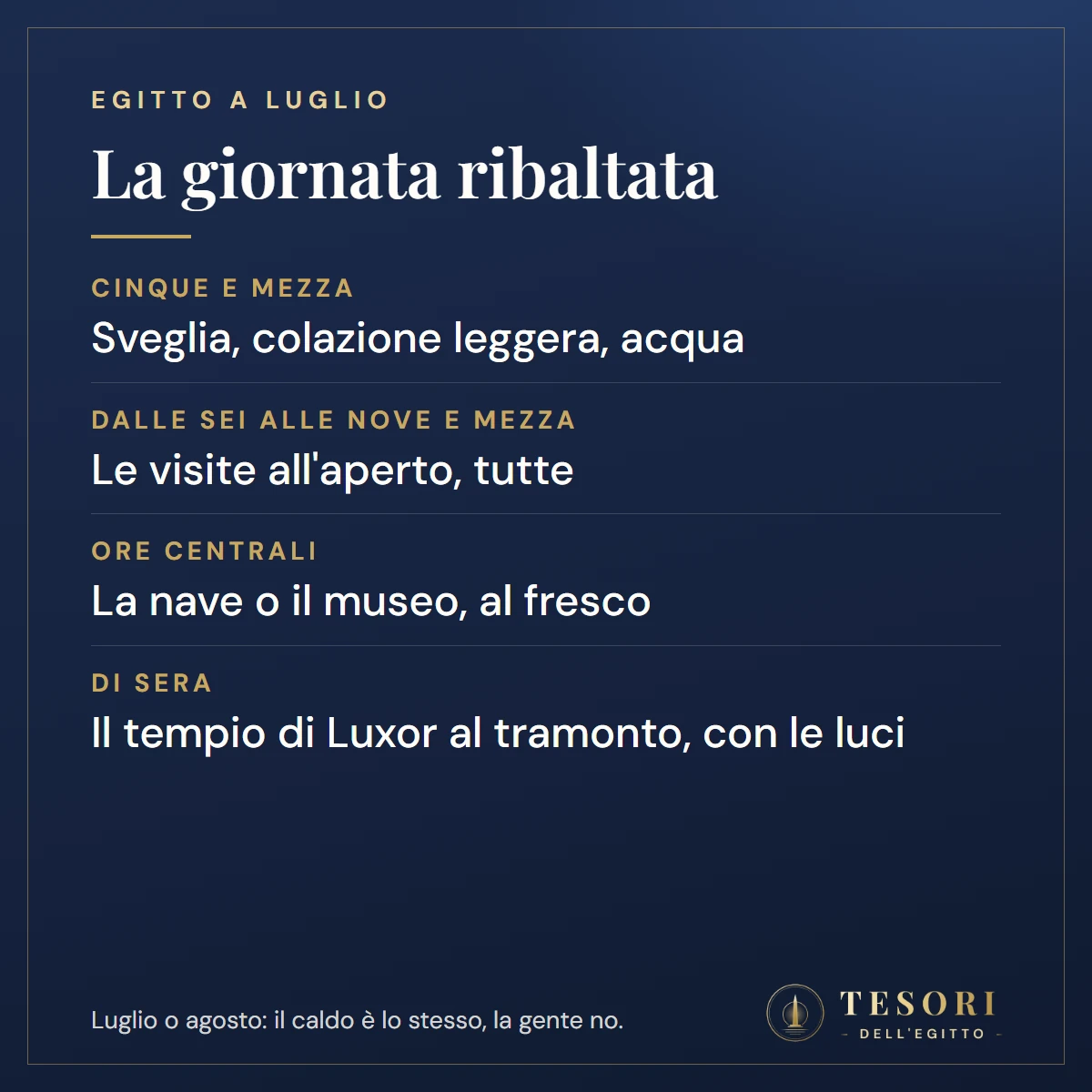 Scheda sulla giornata tipo in Egitto a luglio: sveglia alle cinque e mezza, visite all'aperto dalle sei alle nove e mezza, la nave o il museo nelle ore centrali, il tempio di Luxor al tramonto con le luci, a luglio il caldo è lo stesso di agosto ma c'è meno gente