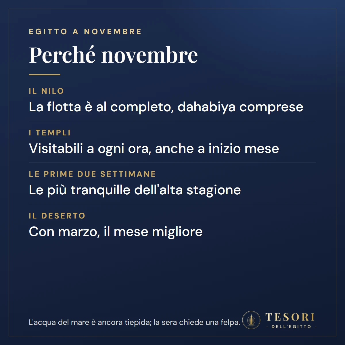Scheda sull'Egitto a novembre: la flotta del Nilo è al completo con le dahabiya, i templi si visitano a ogni ora anche a inizio mese, le prime due settimane sono le più tranquille dell'alta stagione, il deserto è nel mese migliore insieme a marzo, il mare è ancora tiepido