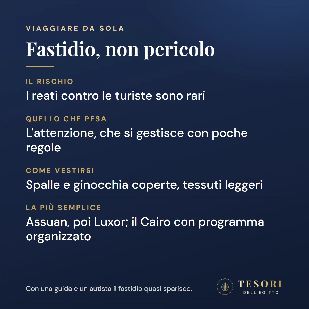 Scheda per chi viaggia da sola in Egitto: i reati contro le turiste sono rari, quello che pesa è l'attenzione che si gestisce con poche regole, spalle e ginocchia coperte con tessuti leggeri, Assuan è la città più semplice seguita da Luxor, il Cairo si visita con un programma organizzato