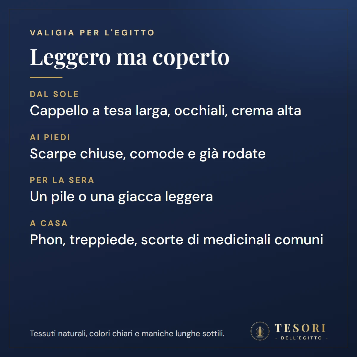 Scheda su che cosa mettere in valigia per l'Egitto: dal sole cappello a tesa larga, occhiali e crema alta, ai piedi scarpe chiuse comode e già rodate, per la sera un pile o una giacca leggera, a casa phon, treppiede e scorte di medicinali comuni