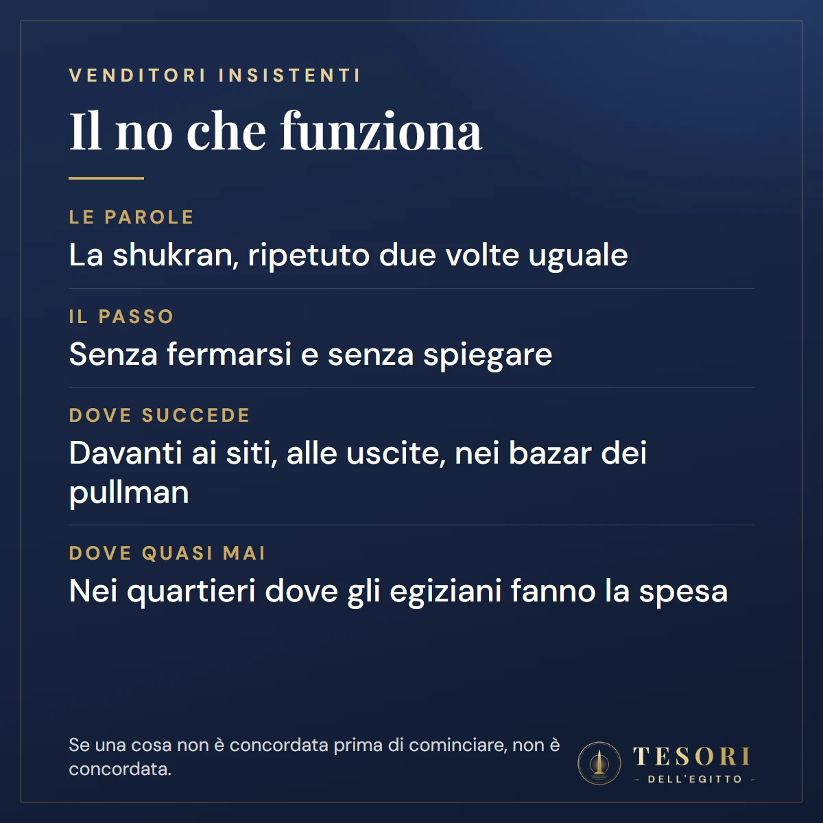 Scheda su come dire di no ai venditori insistenti in Egitto: la formula la shukran ripetuta due volte uguale, senza fermarsi e senza spiegare, la pressione sta davanti ai siti, alle uscite e nei bazar dei pullman, quasi mai nei quartieri dove gli egiziani fanno la spesa