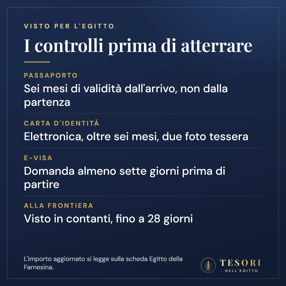 Scheda con i controlli prima di atterrare in Egitto: passaporto con sei mesi di validità dall'arrivo, carta d'identità elettronica con due foto tessera, e-Visa da richiedere sette giorni prima, visto in contanti alla frontiera, permanenza fino a 28 giorni
